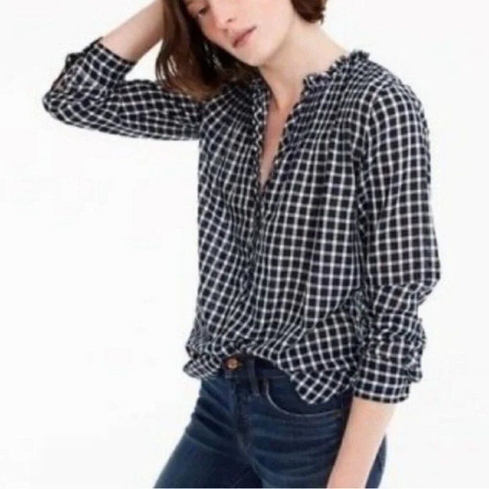 ✨J. CREW✨ Ruffle Classic Popover Shirt in Mini Windowpane - (Size 4, Navy Blue)